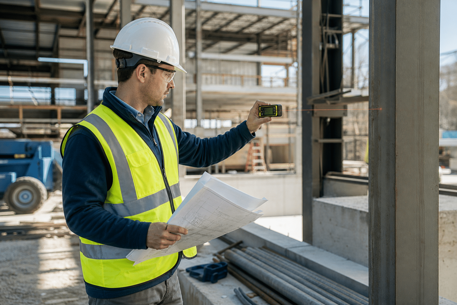 Construction estimator checking dimensions at a commercial building site with plans