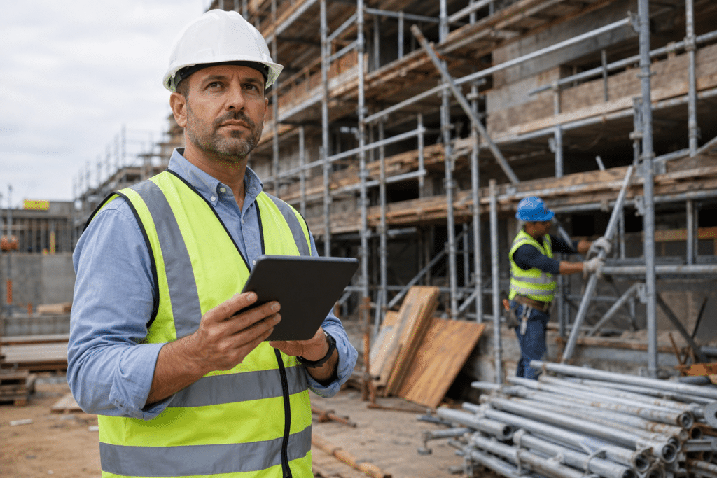 Construction safety officer inspecting a commercial jobsite