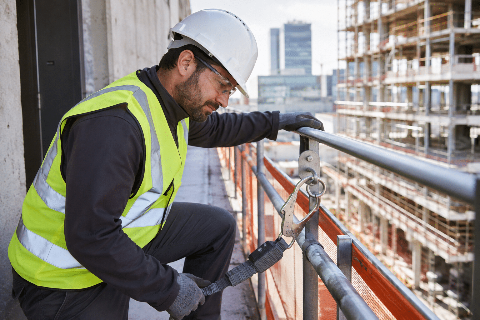 Construction safety officer checking a guardrail and harness anchor