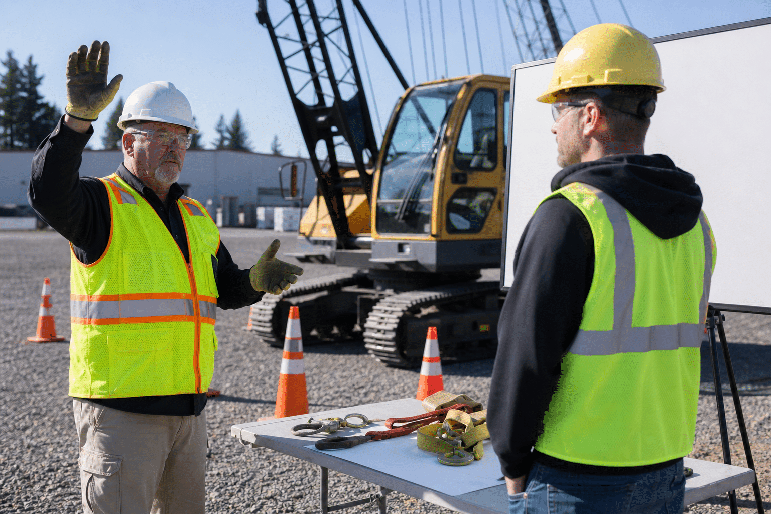 Crane operator trainee practicing hand signals with an experienced instructor at a training yard
