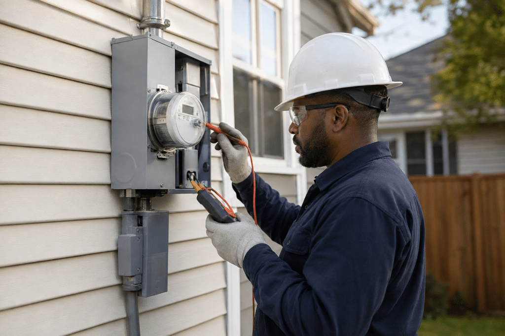 Electric meter installer testing a residential electric meter
