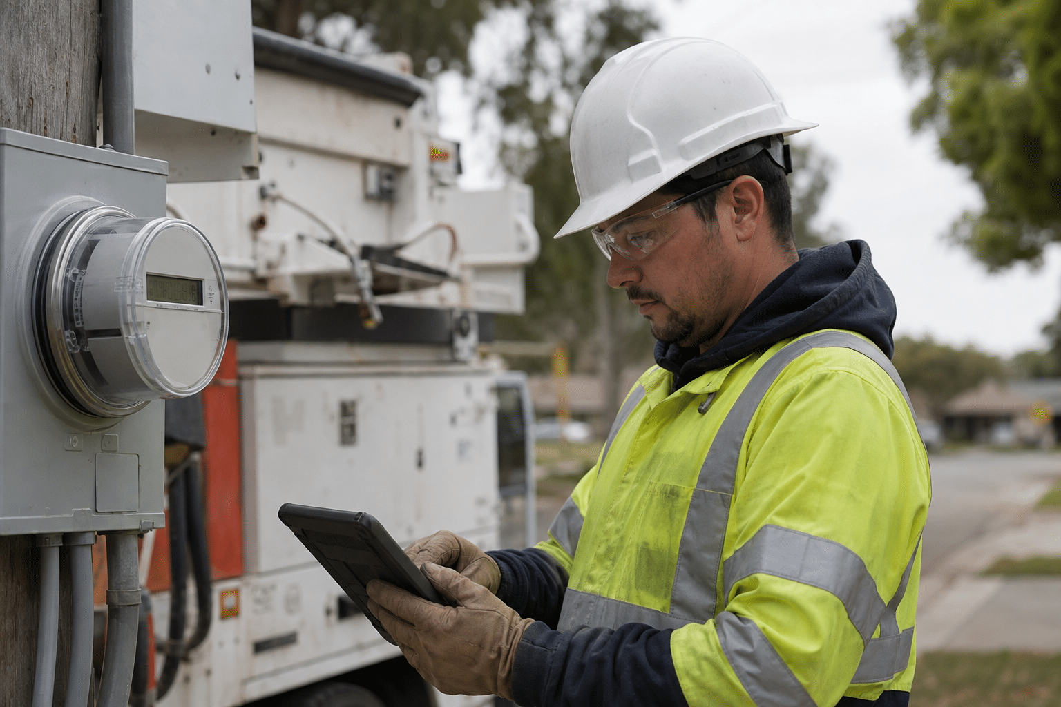 Electric meter installer reviewing a meter reading beside a utility truck