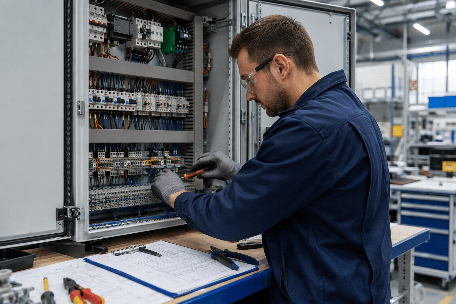 Electrical assembler wiring a control cabinet at a manufacturing bench