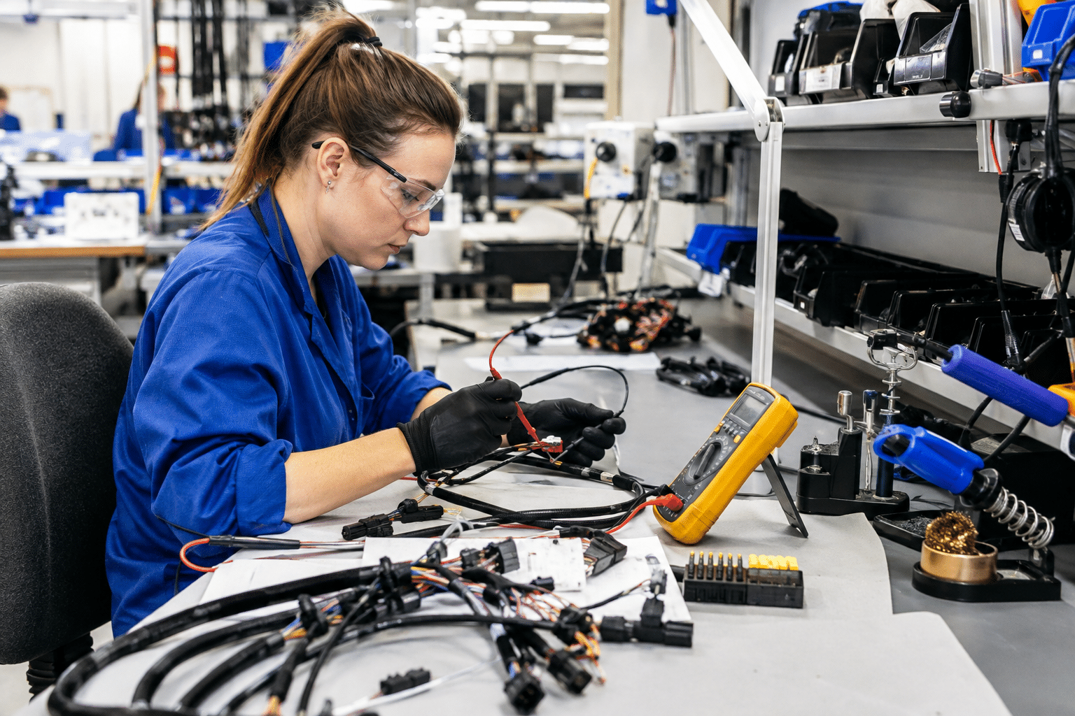 Electrical and electronic assembler testing a wiring harness
