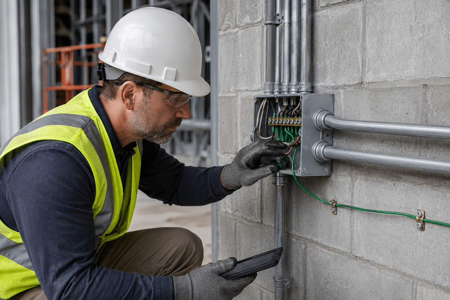 Electrical inspector checking conduit and grounding