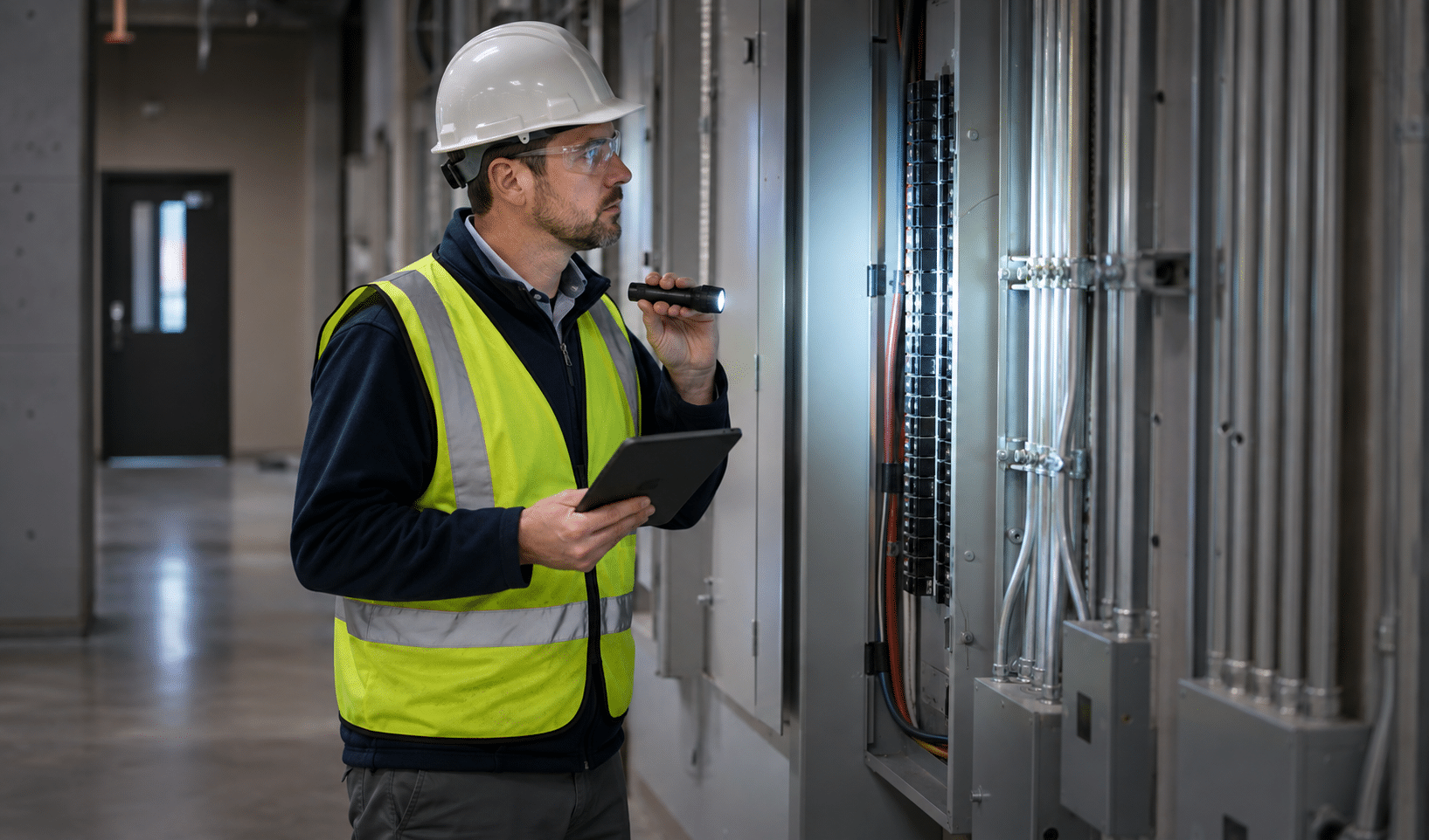 Electrical inspector examining a commercial electrical panel