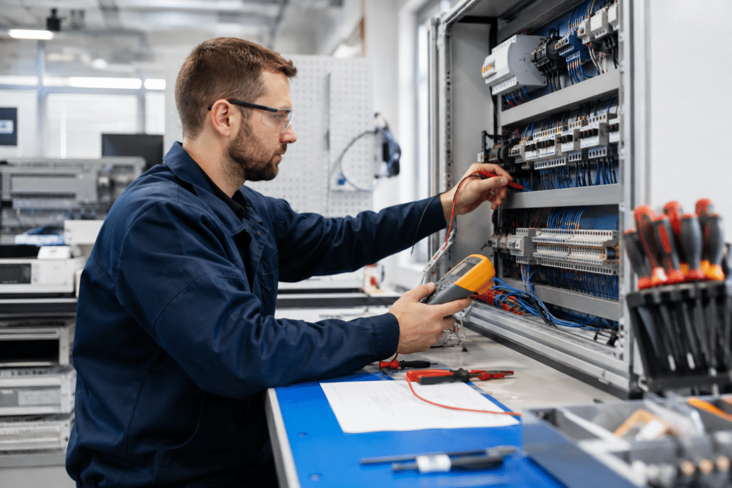 Electrical test technician measuring a control panel in a test lab