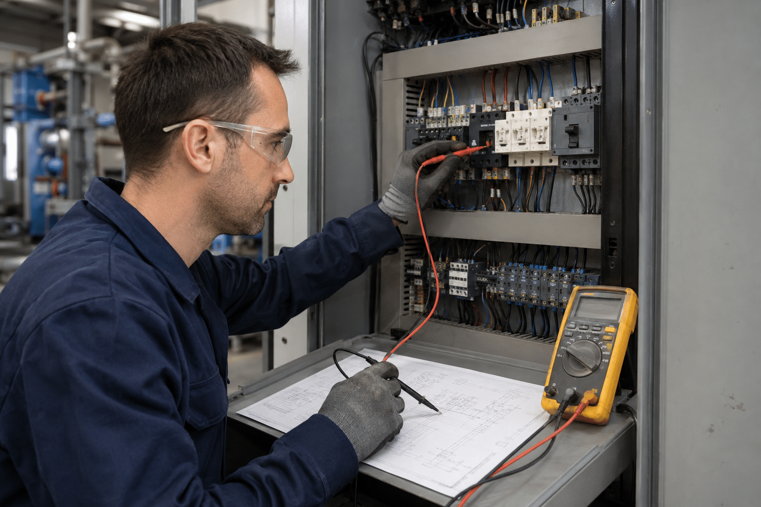 Electrical test technician testing a motor control cabinet