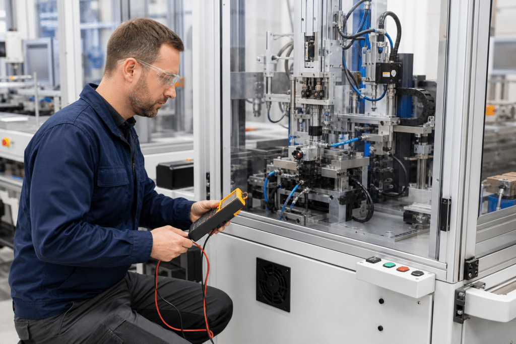 Electromechanical technician testing an automated machine in a manufacturing lab
