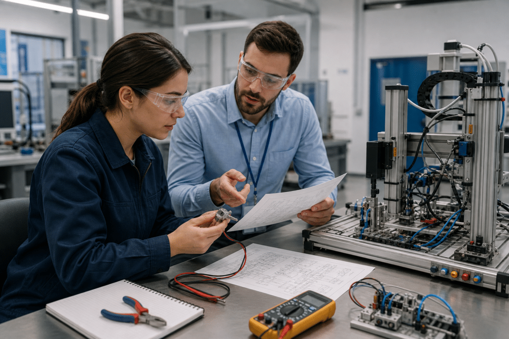Electromechanical technician and engineer reviewing a sensor assembly in a training lab