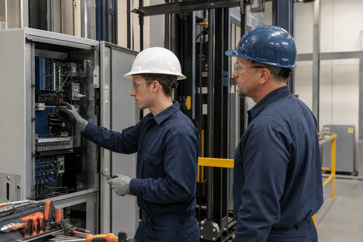 Elevator apprentice learning to inspect a practice elevator controller with a mentor