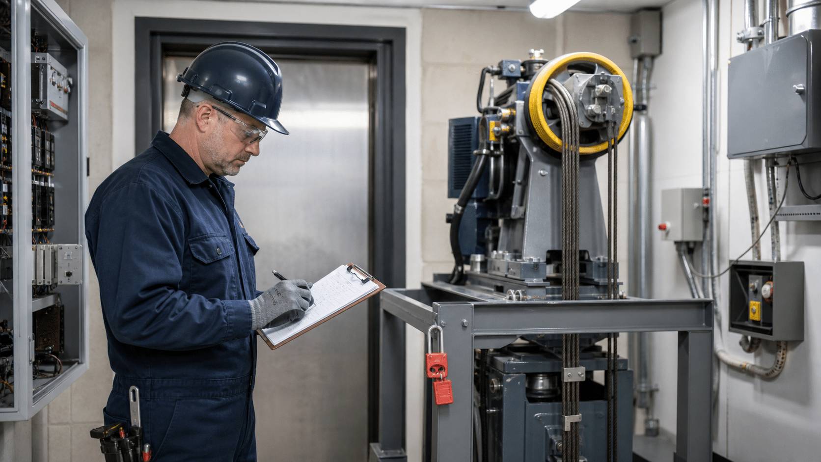 Elevator mechanic reviewing a service checklist beside elevator machinery
