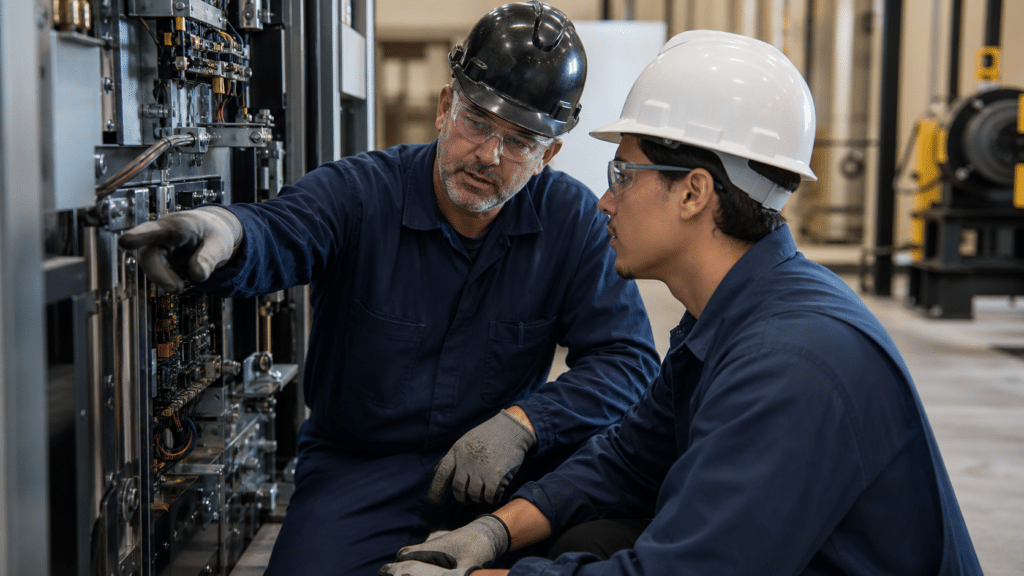 Elevator mechanic and apprentice reviewing elevator control equipment