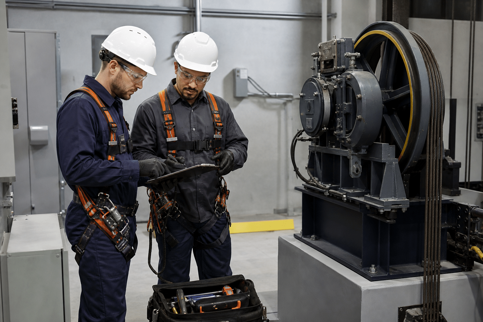Two elevator technicians inspecting machinery in an elevator machine room