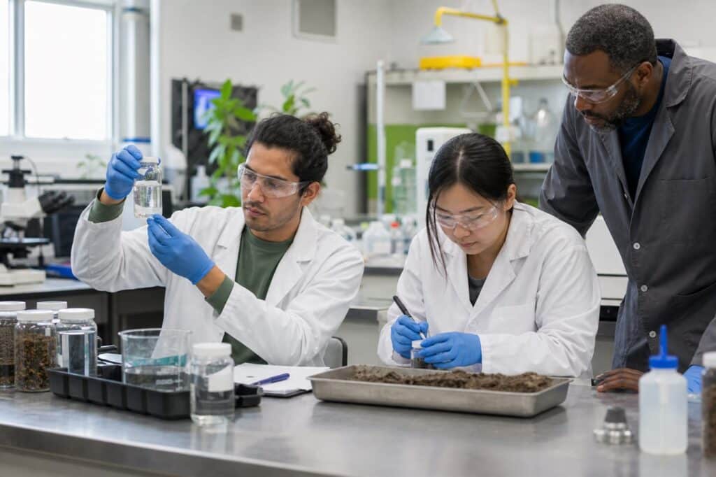 Environmental technician trainees testing soil and water samples in a practical laboratory