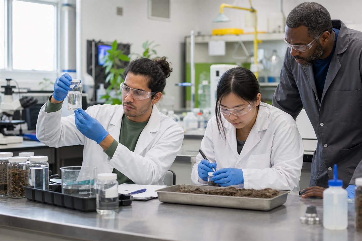 Environmental technician trainees testing soil and water samples in a practical laboratory