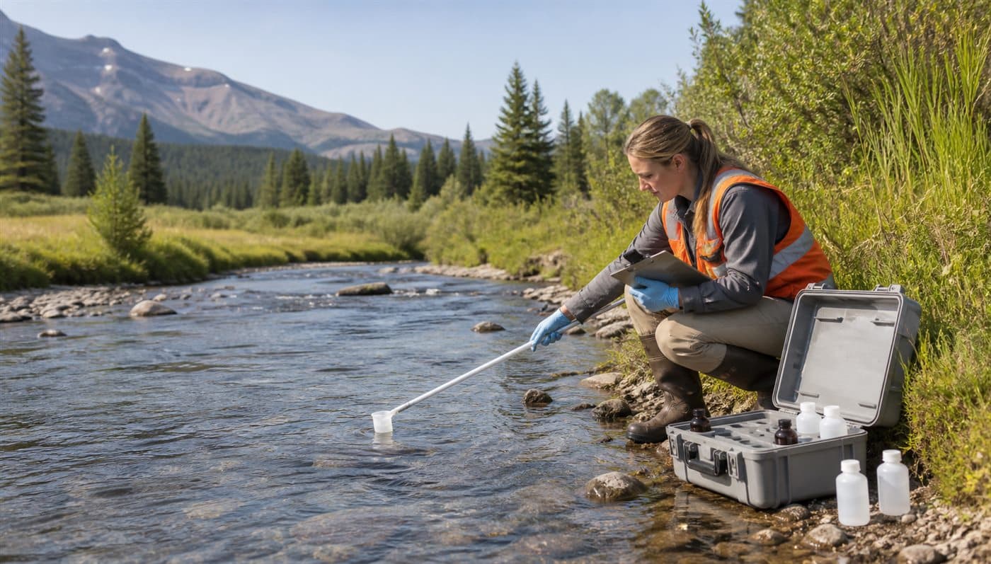 Environmental technician collecting a water sample beside a clear stream