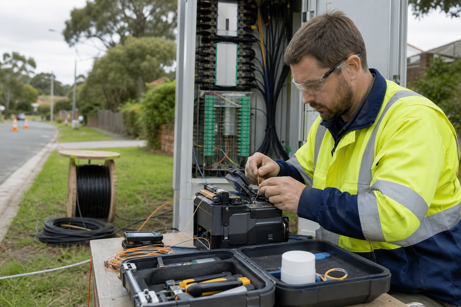 Fiber optic technician splicing cable in a telecommunications field enclosure