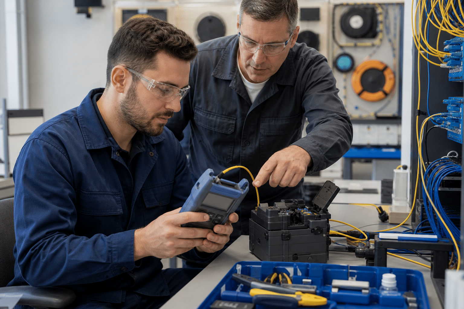 Fiber optic technicians testing a splice in a training lab
