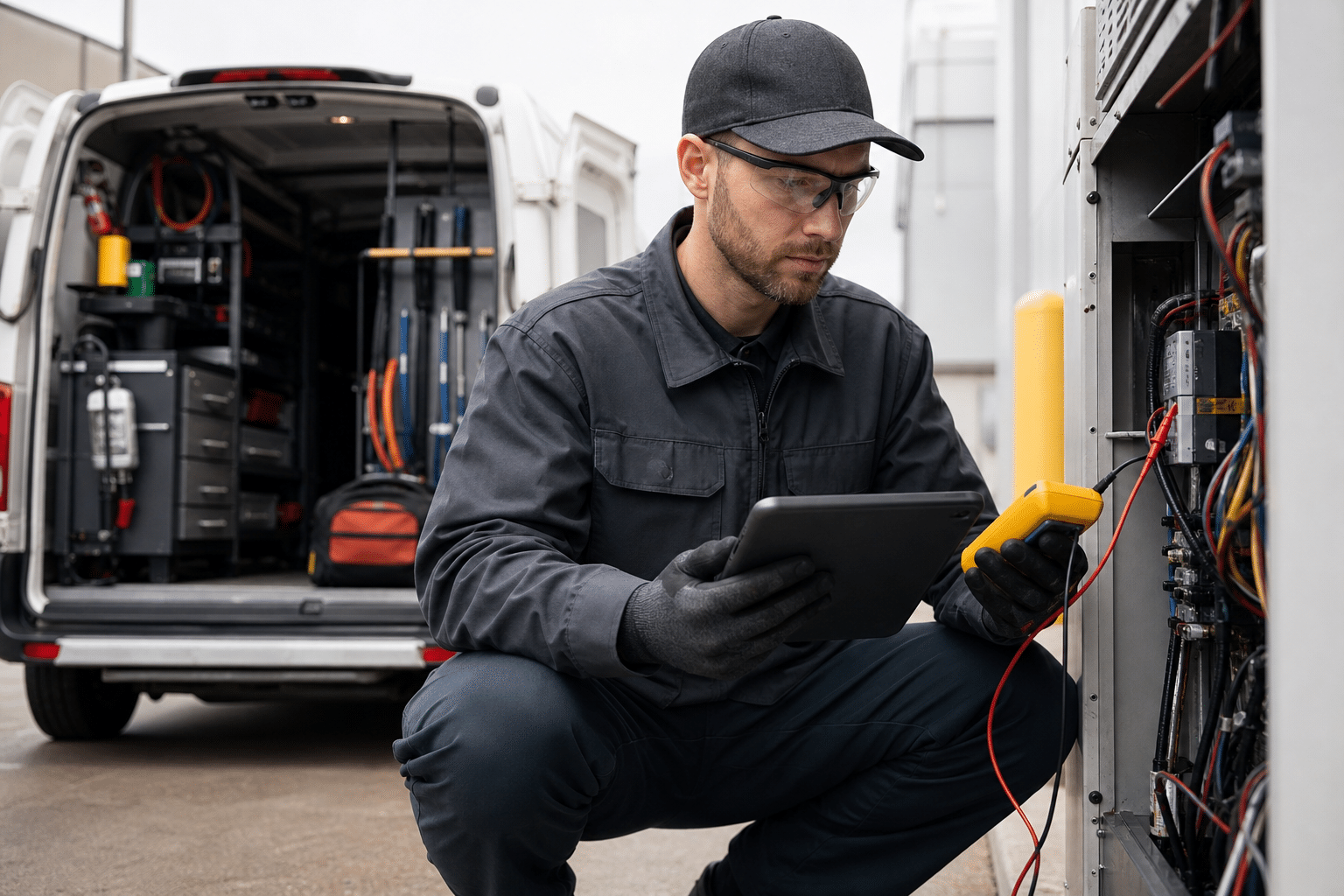 Field service technician diagnosing equipment at a customer site