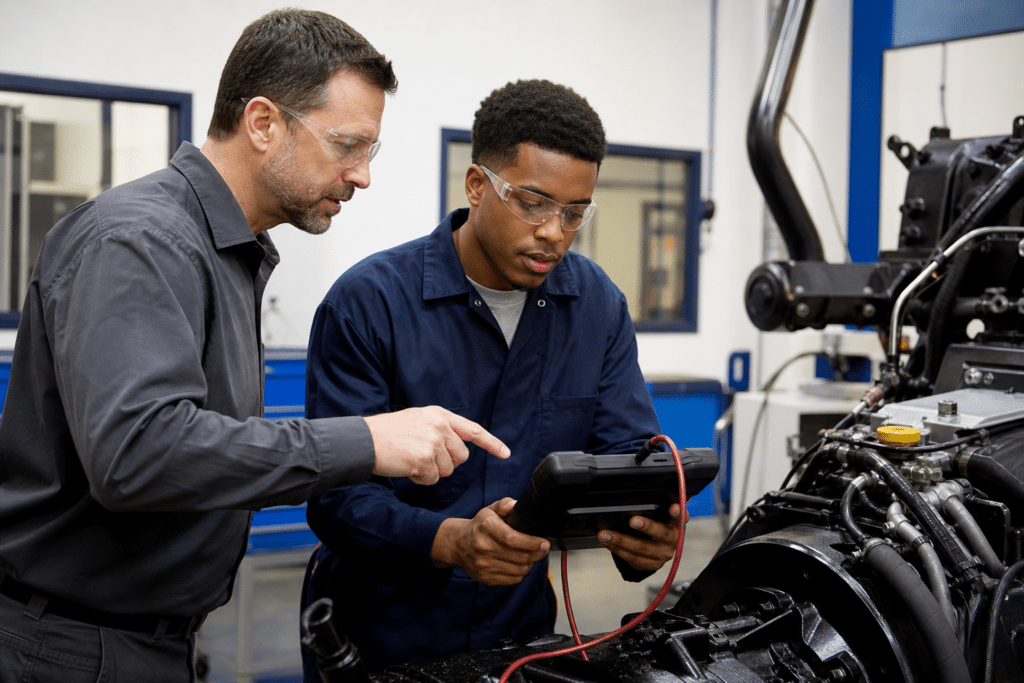 Experienced field service technician training an adult learner with diagnostic equipment