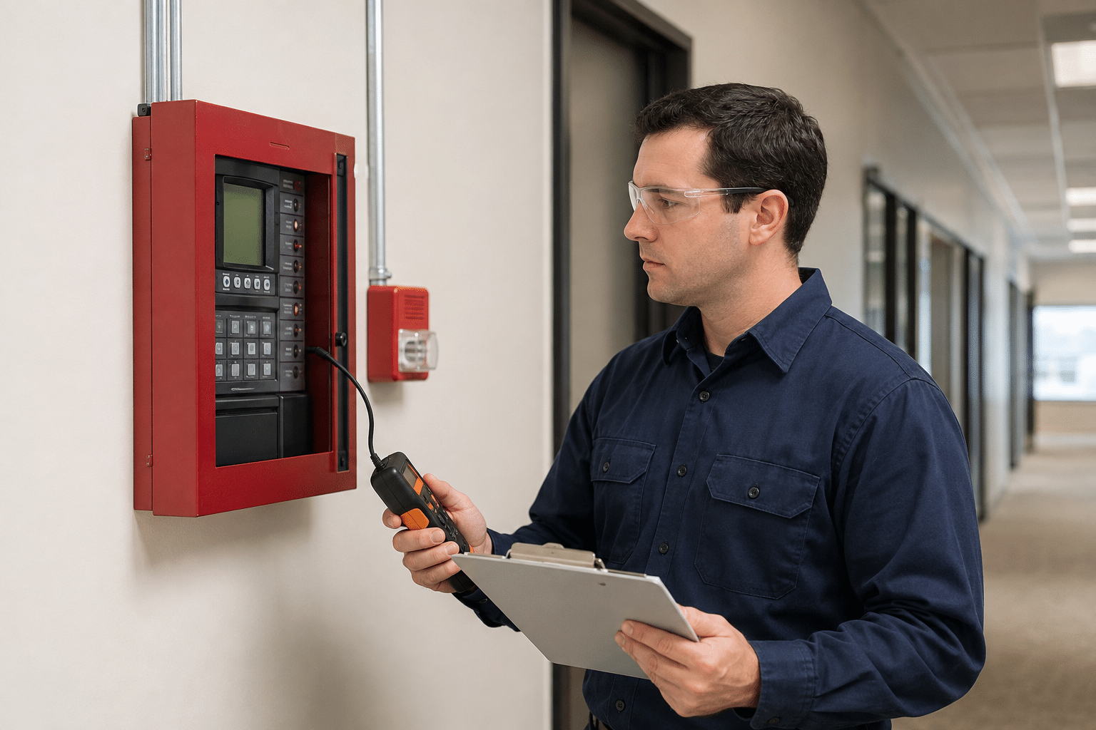 Fire alarm inspector checking a control panel