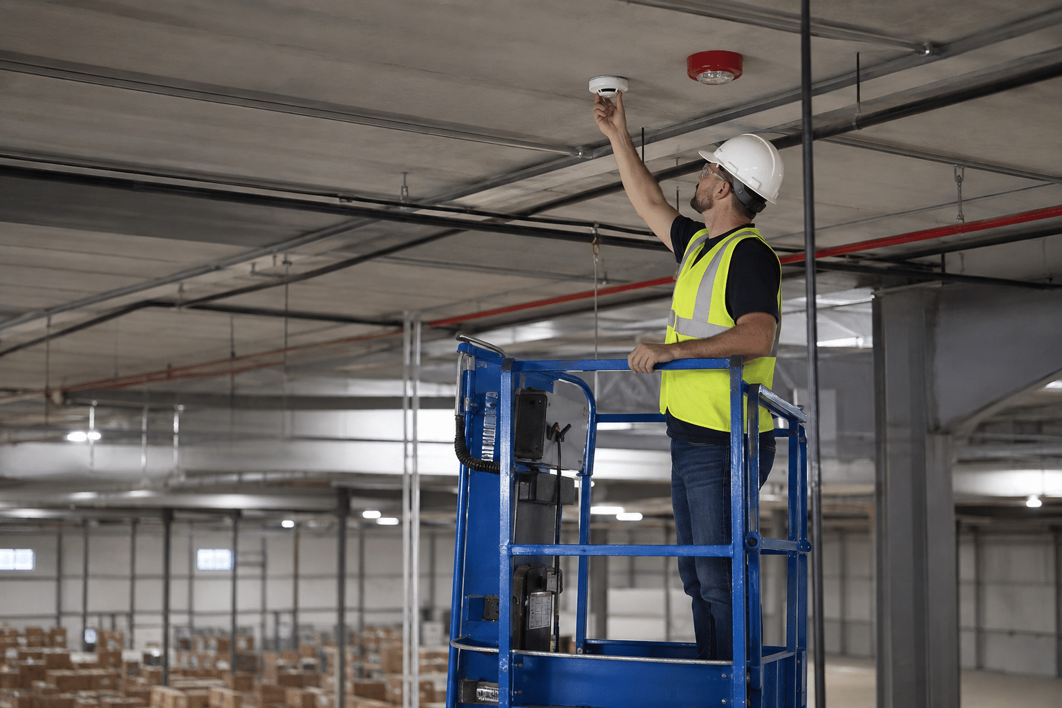 Fire alarm inspector testing a smoke detector