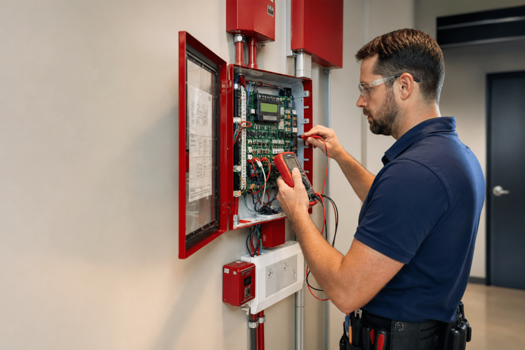 Fire alarm technician testing a control panel in a commercial building
