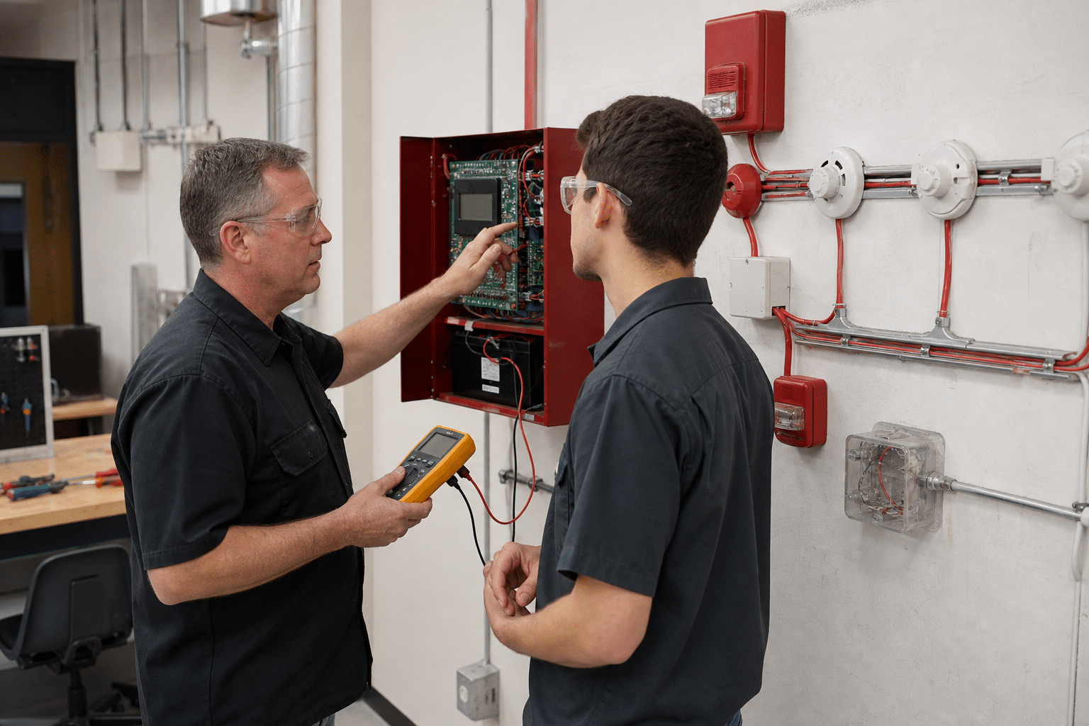 Experienced fire alarm technician training an apprentice on a control panel