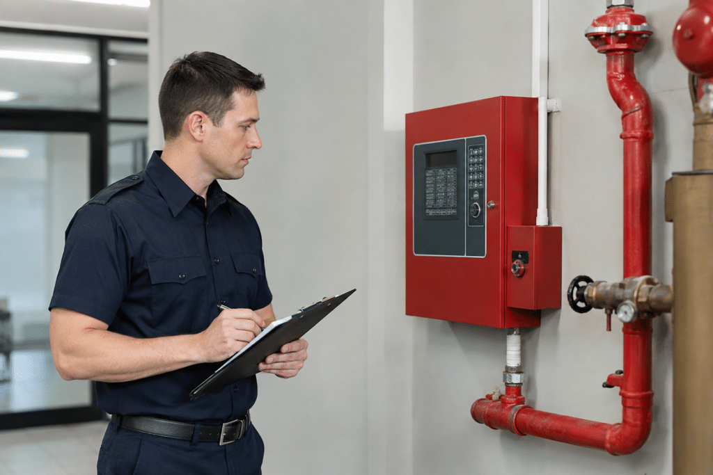 Fire inspector checking a commercial fire alarm and sprinkler system