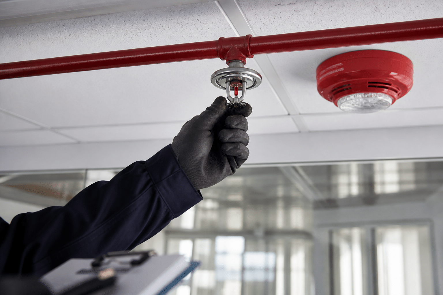 Fire inspector testing a commercial sprinkler head