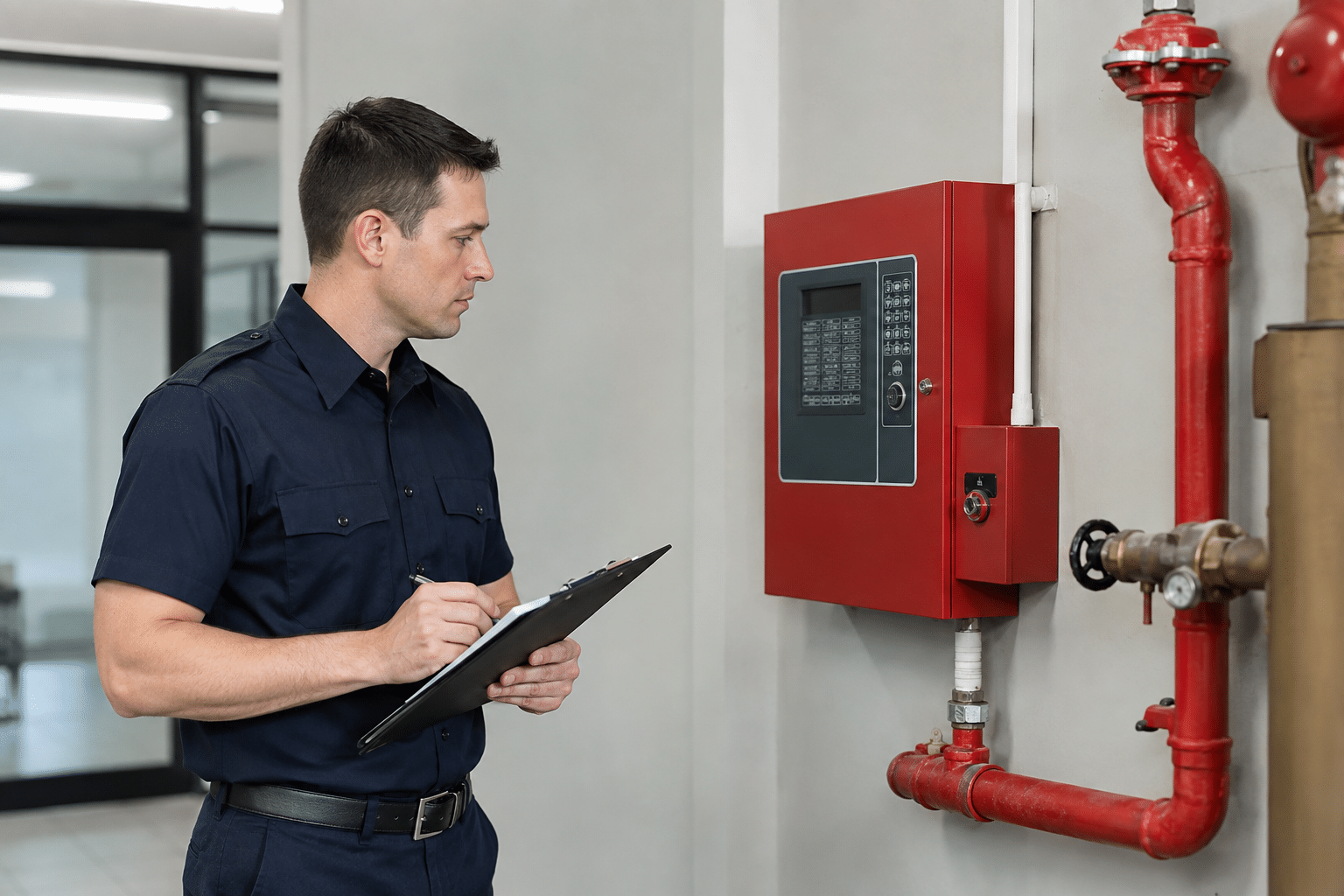 Fire inspector checking a commercial fire alarm and sprinkler system