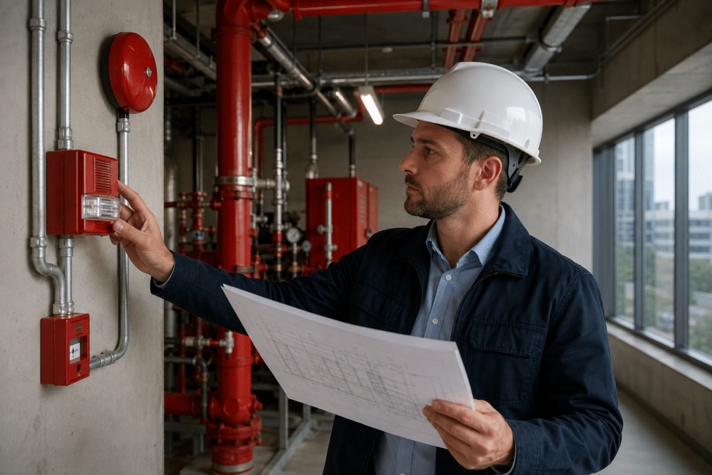 Fire protection engineer reviewing a building fire protection system
