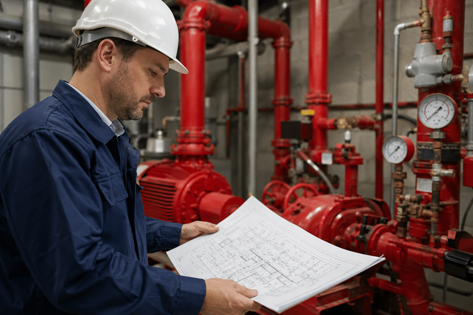Fire protection engineer reviewing fire pump room equipment