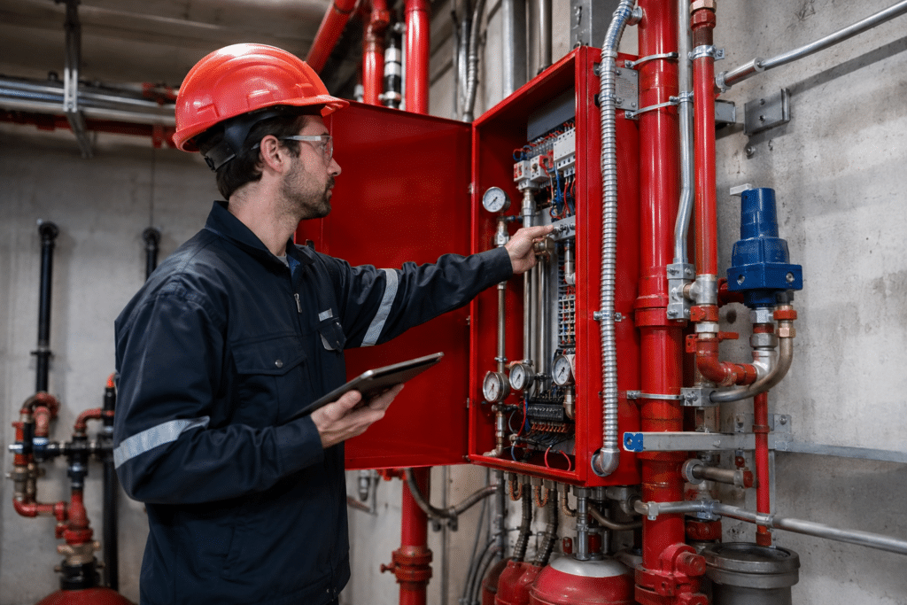 Fire suppression technician inspecting a commercial suppression control cabinet