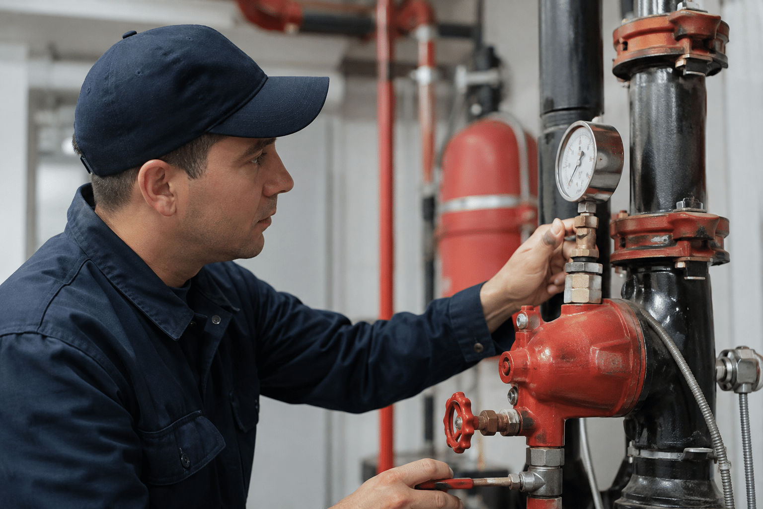 Fire suppression technician testing a valve and pressure gauge