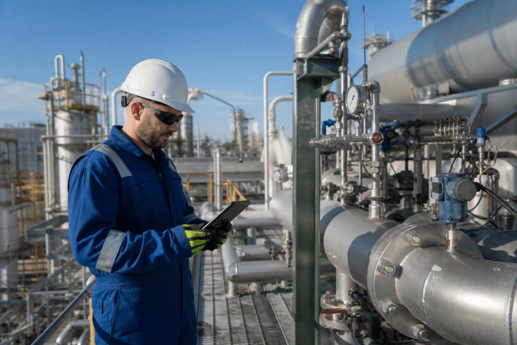Gas plant operator inspecting process equipment at a natural gas facility
