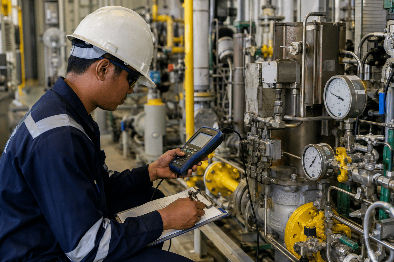 Gas plant operator checking valves and pressure gauges