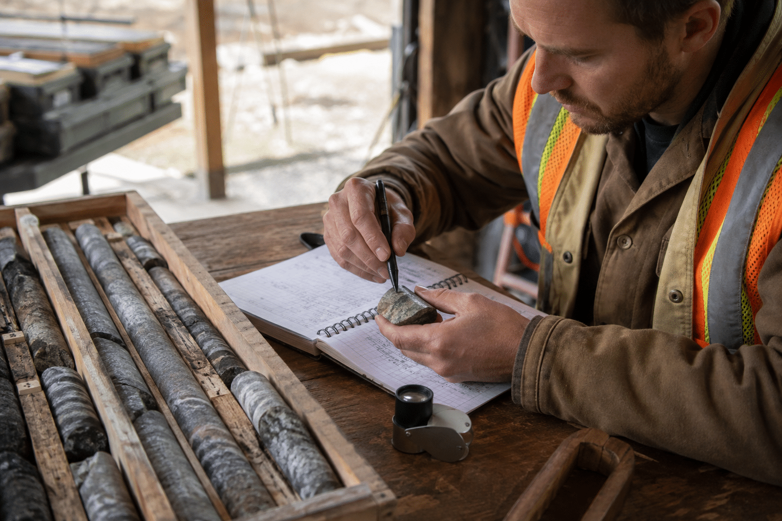 Geology technician labeling rock core samples in a field laboratory