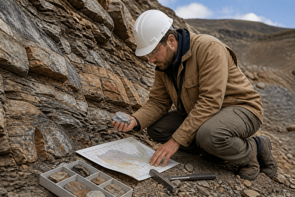 Geology technician examining a rock sample at a field site