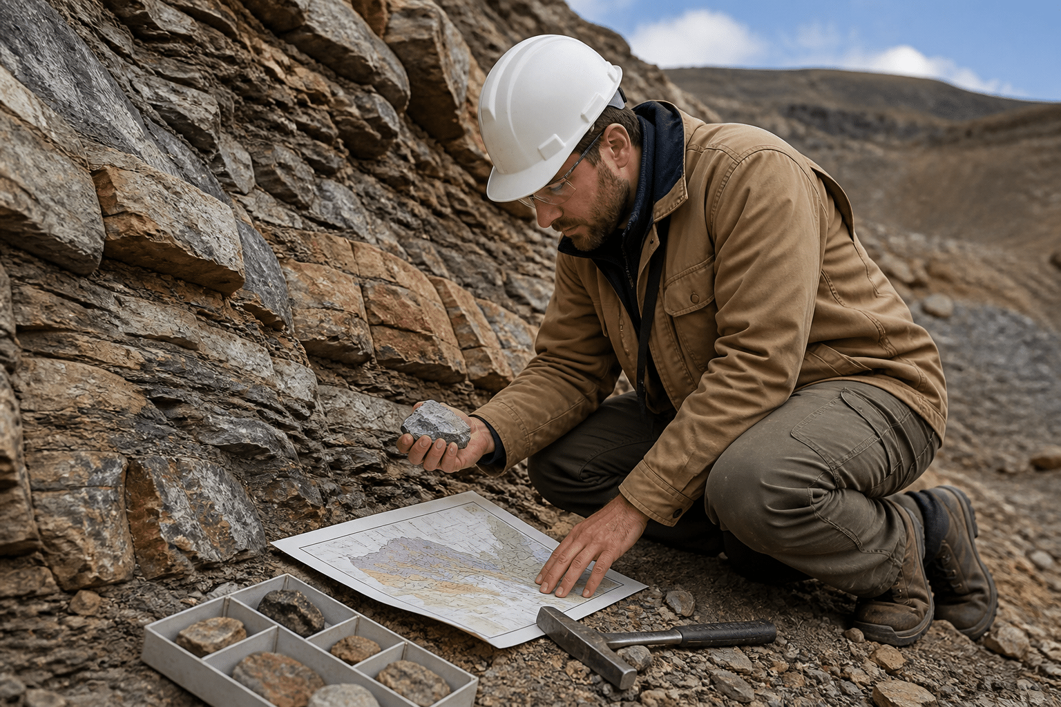 Geology technician examining a rock sample at a field site