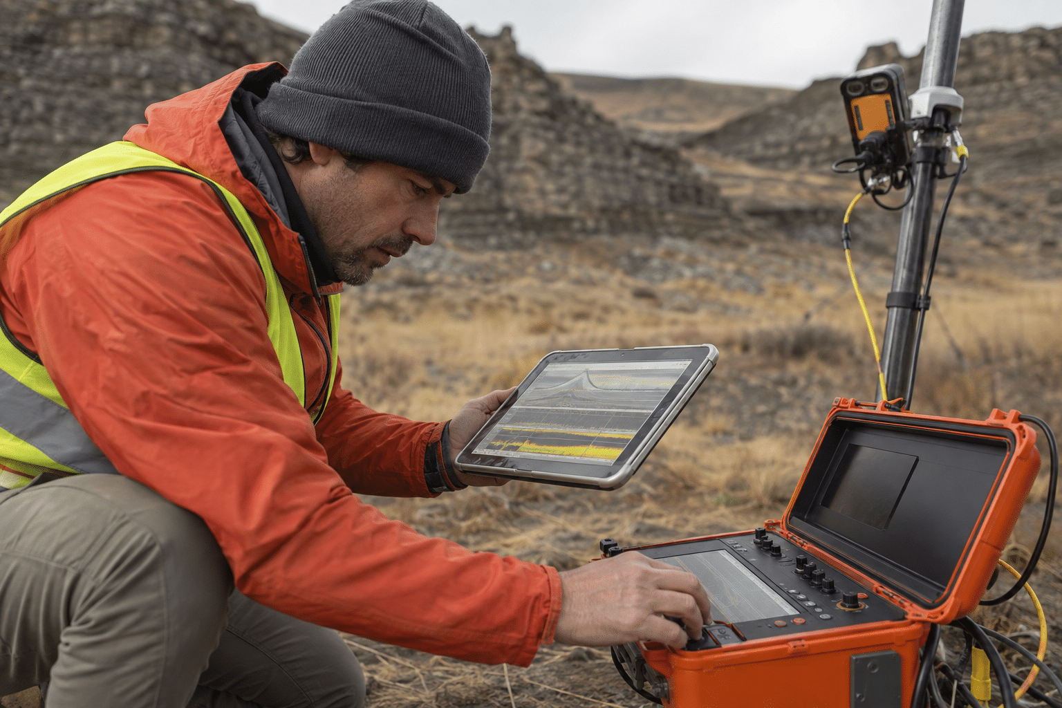 Geophysical technician reviewing survey readings on field instruments