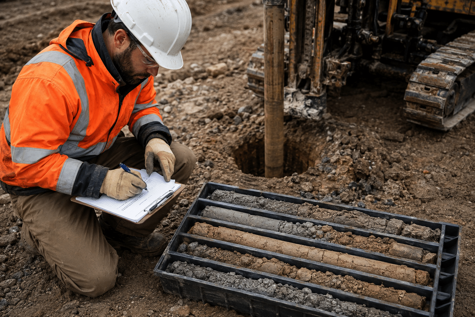 Geotechnical technician logging soil layers beside a borehole