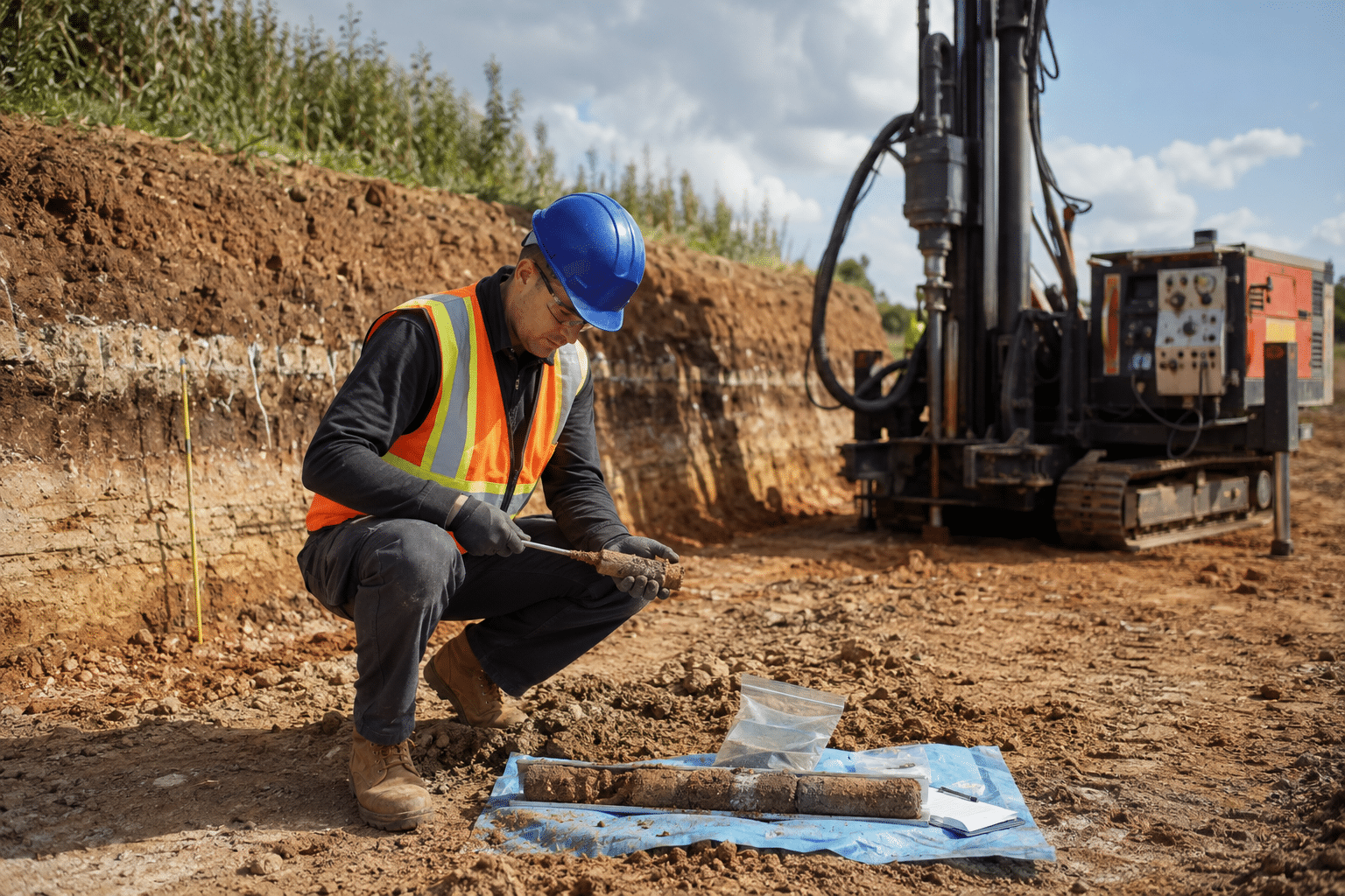 Geotechnical technician collecting a soil sample at a construction site