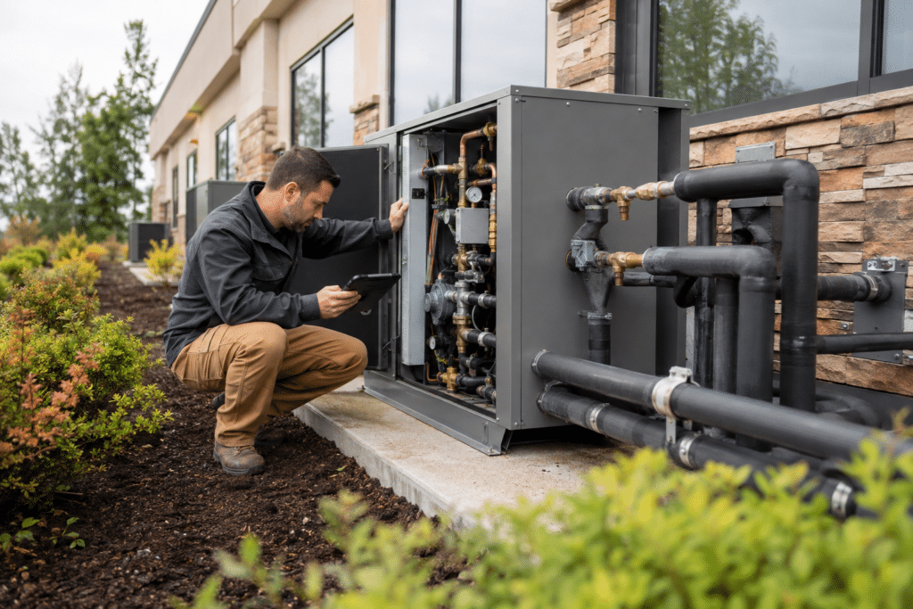 Geothermal technician inspecting a ground-source heat pump