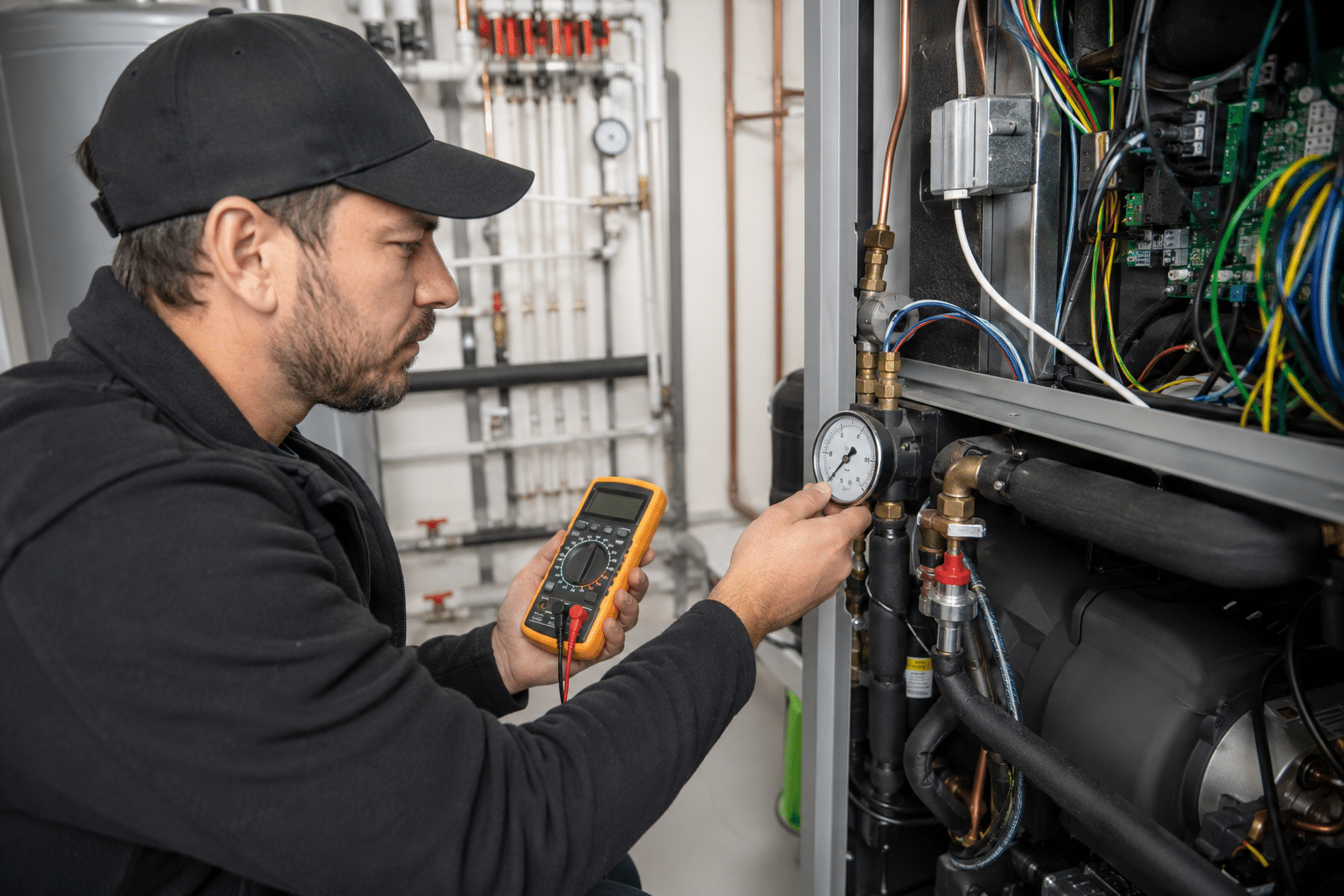 Geothermal technician testing heat pump controls and pressure gauges