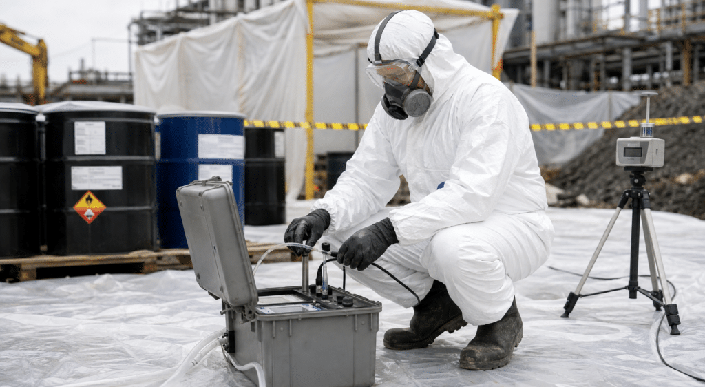 Hazardous materials removal worker monitoring a controlled cleanup site