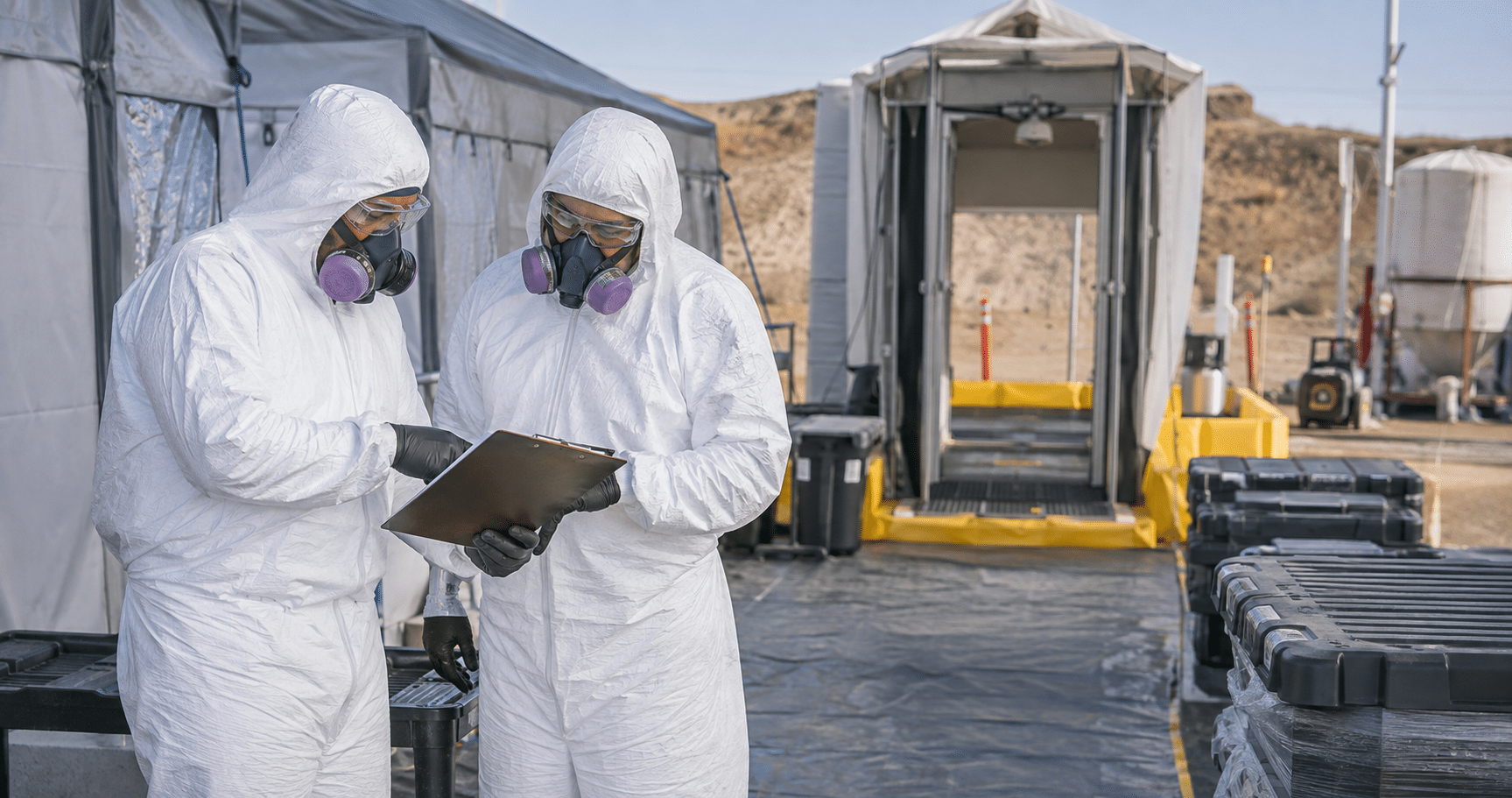 Hazardous materials removal workers preparing a decontamination station