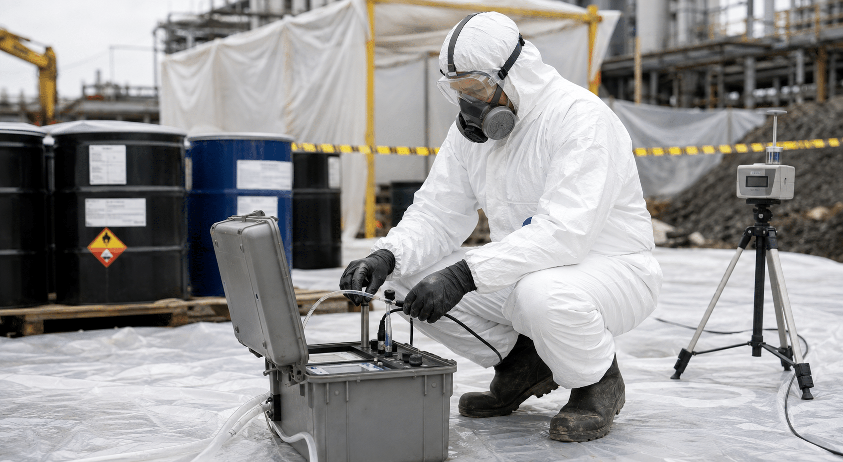Hazardous materials removal worker monitoring a controlled cleanup site
