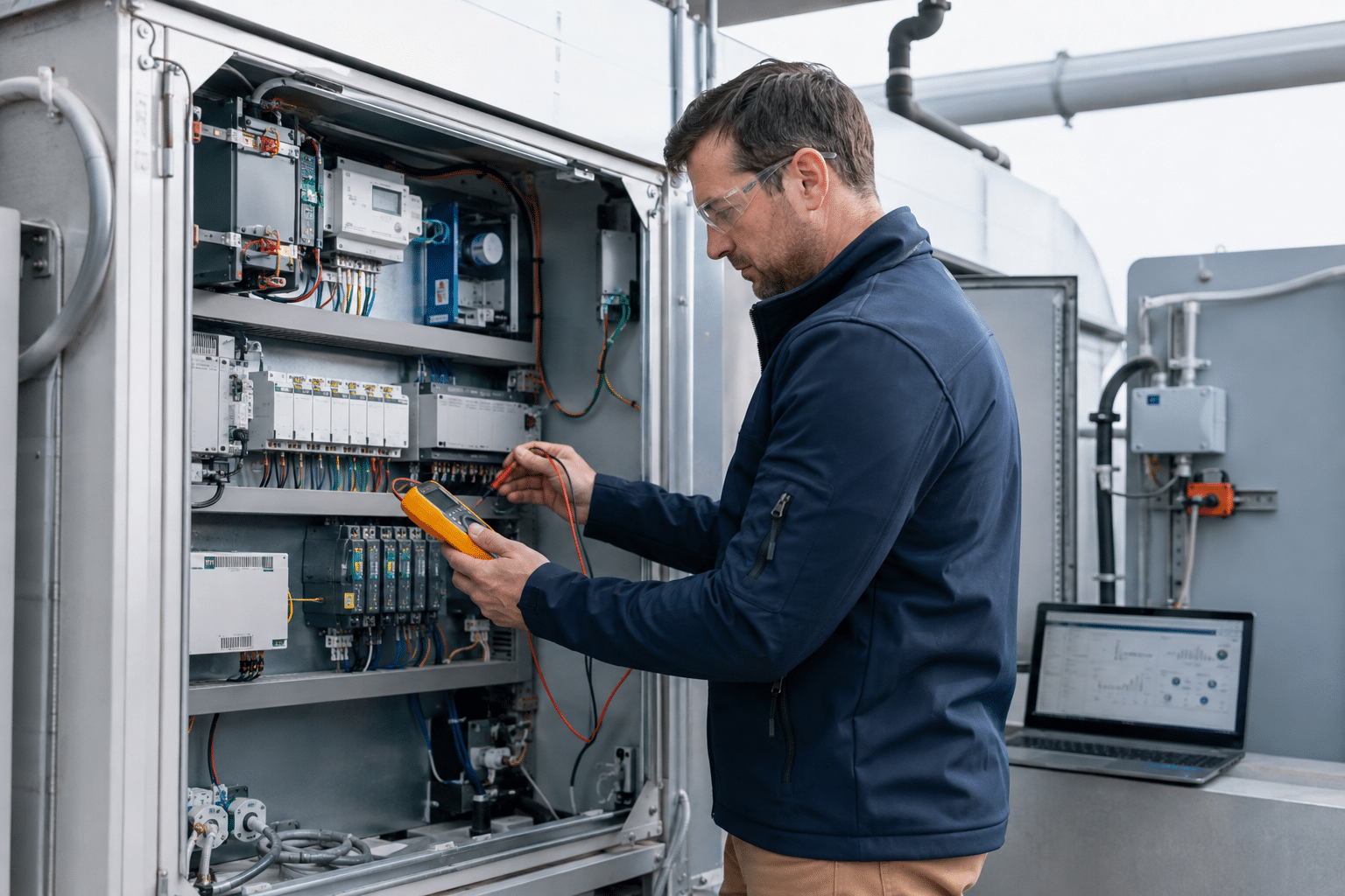 HVAC controls technician testing a commercial building automation control panel